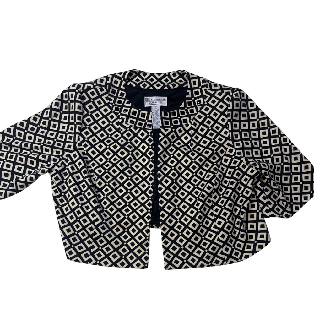 Jessica Howard Black White Geometric Studded Cropped Blazer Jacket Womens 20WP